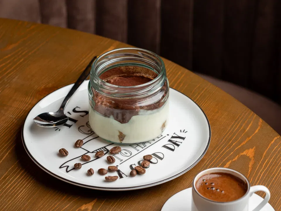 Tiramisu dessert in a glass jar at Bee Bistro & Burgers