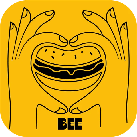 İki əlin ürək kimi tutduğu burger, BEE loqosu ilə sarı stiker