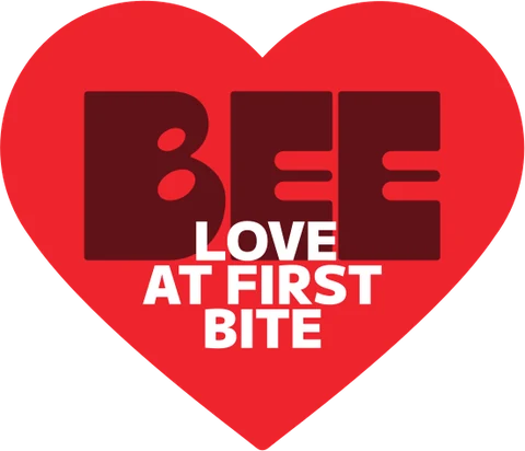 Qırmızı ürək formasında BEE stikeri: “Love at first bite”