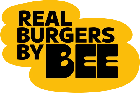 “Real Burgers by BEE” stikeri, sarı fonda qara yazı