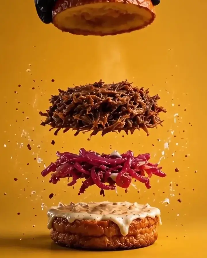 Tiftik® burger layers: pulled beef, red cabbage, sauce, brioche
